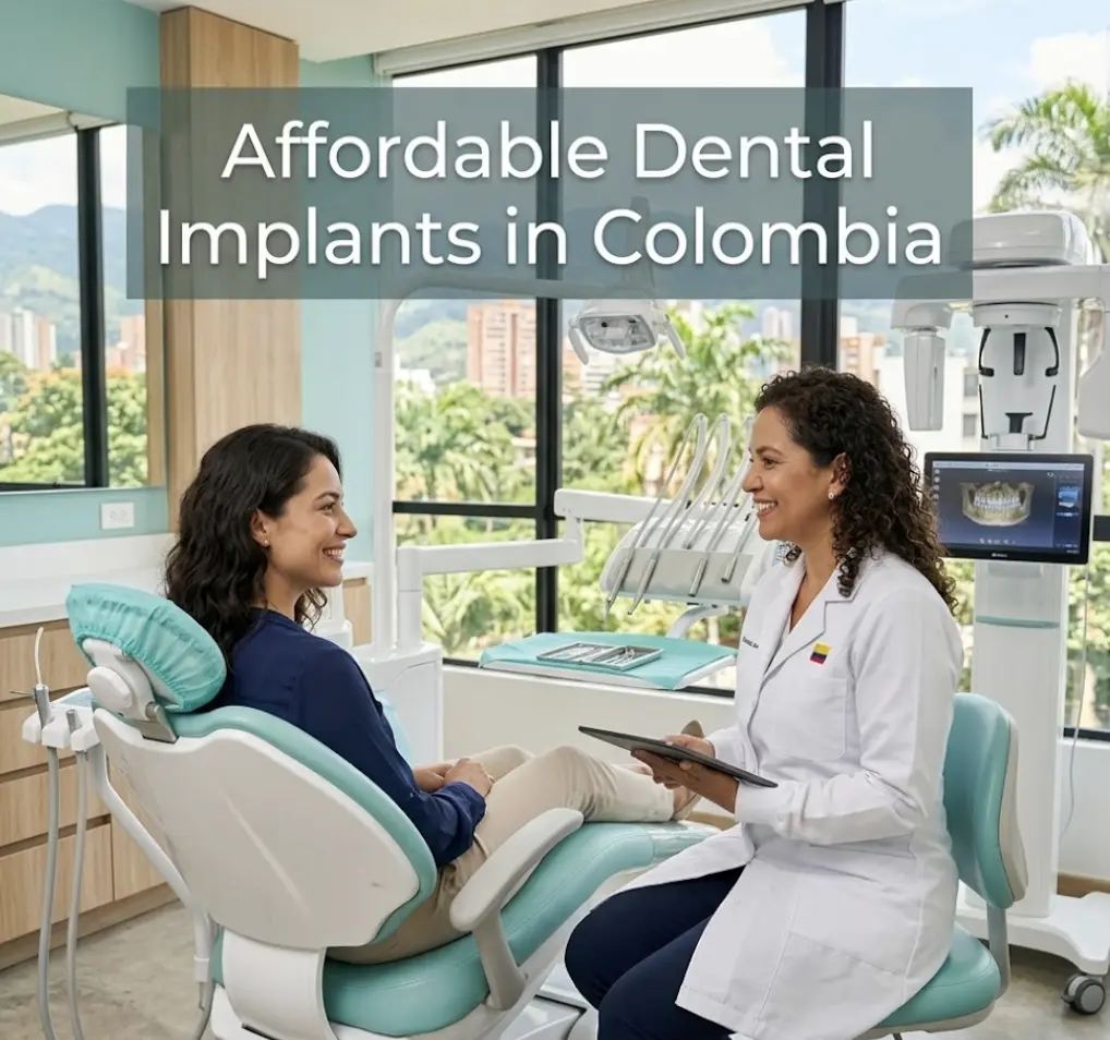 Affordable dental implants in Colombia — modern dental clinic with international patient receiving implant treatment