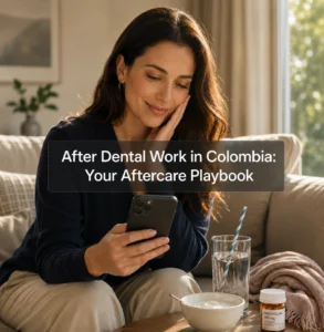 Woman recovering at home after dental work in Colombia, reviewing aftercare instructions on her phone with a glass of water