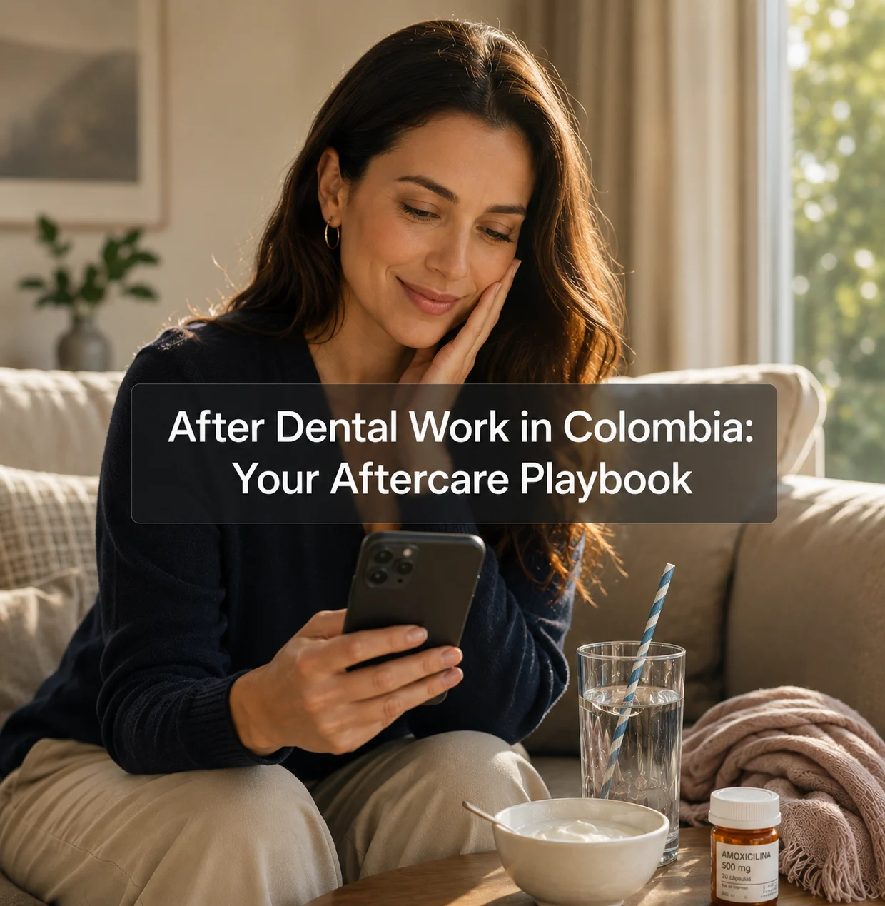 Woman recovering at home after dental work in Colombia, reviewing aftercare instructions on her phone with a glass of water
