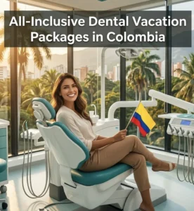 All-inclusive dental vacation packages in Colombia showing a smiling patient in a modern Cali dental clinic with tropical city views