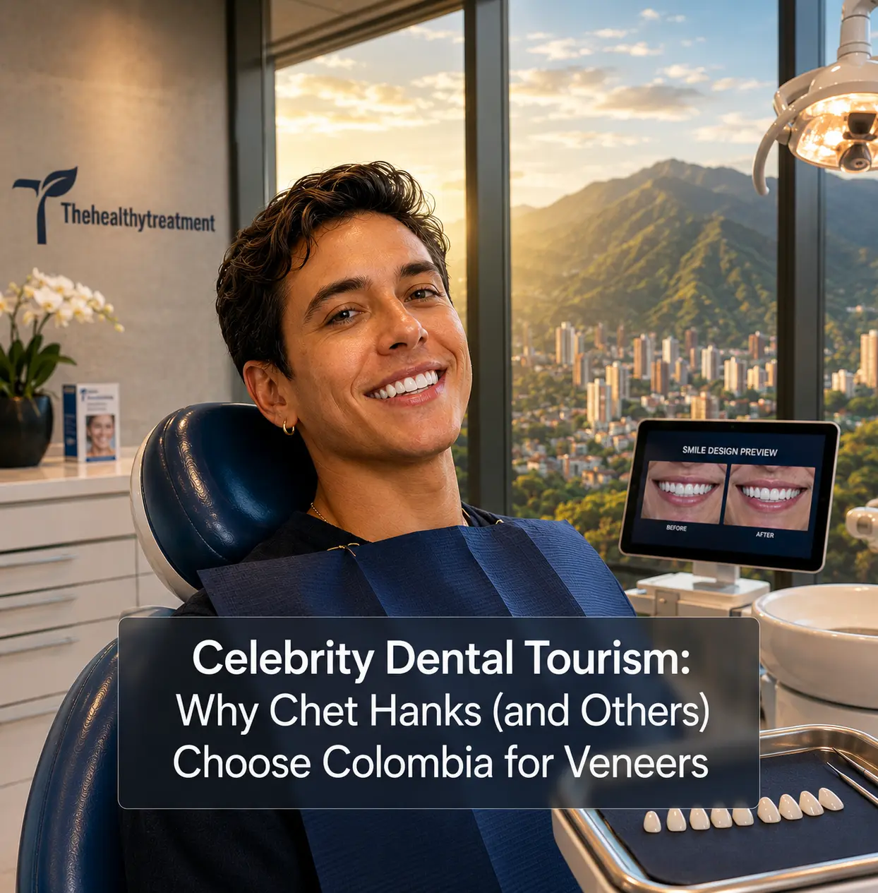 Celebrity dental tourism in Colombia — confident woman revealing a flawless porcelain veneer smile with a Medellín cityscape in the background