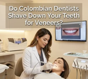 Colombian cosmetic dentist performing conservative veneer preparation on a patient with modern dental equipment in a bright clinical setting