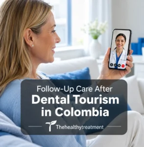 International dental patient on a video follow-up call with a verified Colombian dental specialist after returning home