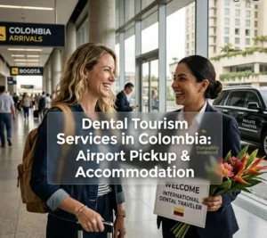 International dental tourism patient arriving at a modern Colombian airport with dental clinic concierge service and accommodation in the background