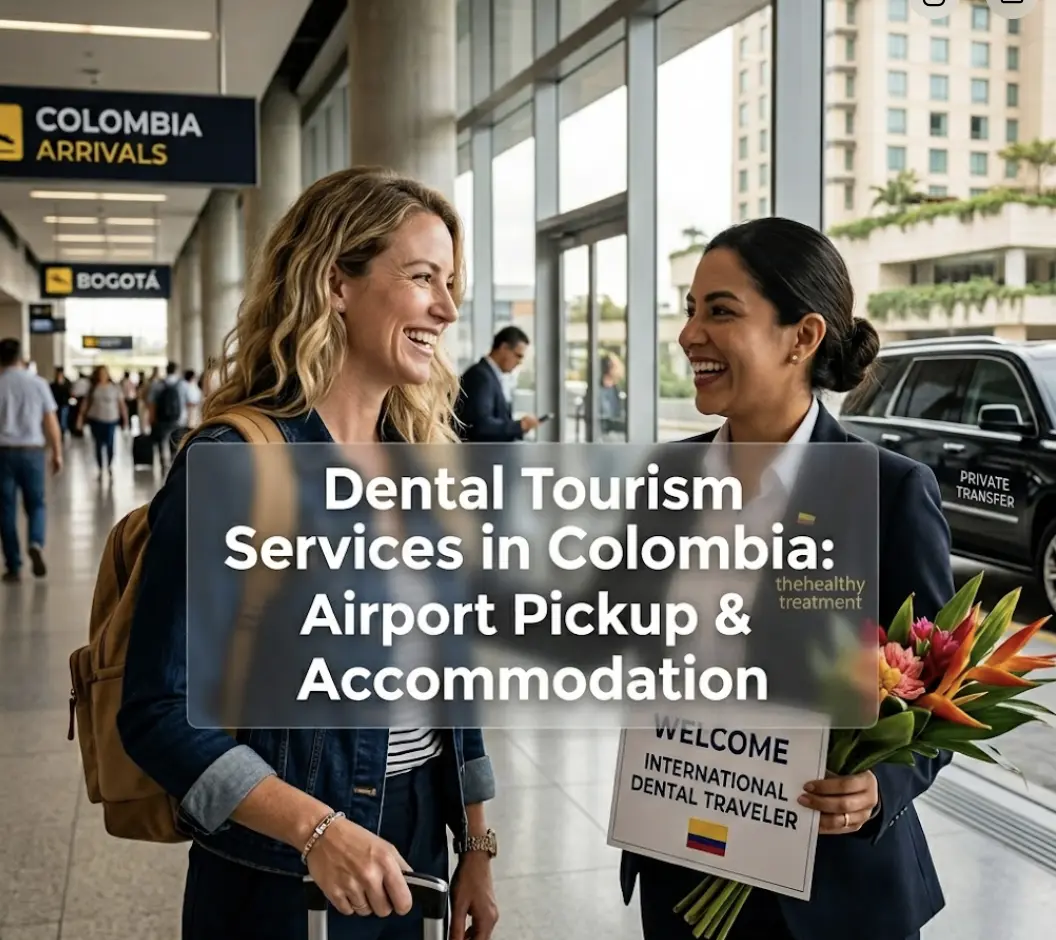 International dental tourism patient arriving at a modern Colombian airport with dental clinic concierge service and accommodation in the background