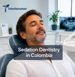 Relaxed international dental patient reclining calmly in a modern Colombian dental chair during sedation dentistry treatment