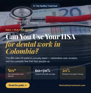 Red stethoscope wrapped around cash with HSA dental tourism Colombia tax guide overlay by The Healthy Treatment