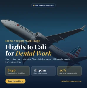 American Airlines aircraft in flight over blue sky — flights to Cali, Colombia for dental work.