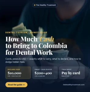 Person counting US dollar bills while budgeting cash for dental work in Colombia