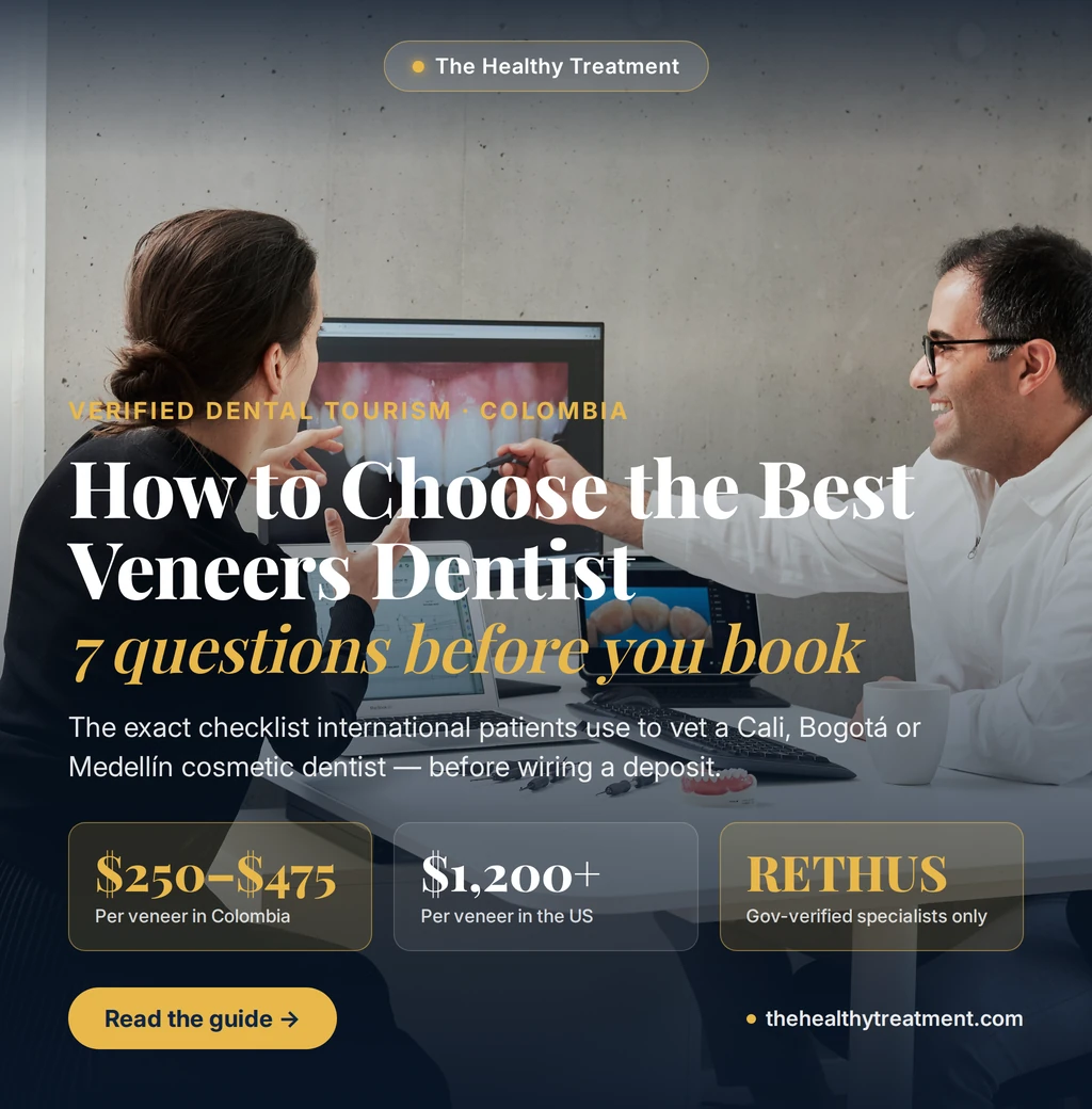 Dentist and international patient reviewing a digital smile design for porcelain veneers during a consultation in Colombia