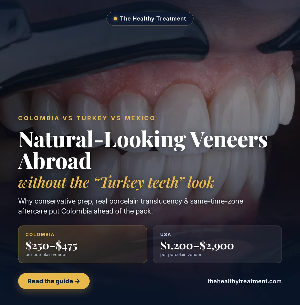 Natural-looking porcelain veneers abroad — Colombia vs Turkey vs Mexico comparison guide by The Healthy Treatment