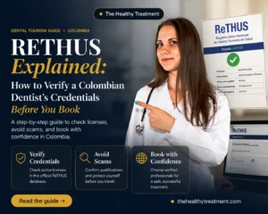 Dentist in a white coat pointing to a ReTHUS registry record showing an active odontología license, next to a laptop open to the ReTHUS public consultation page