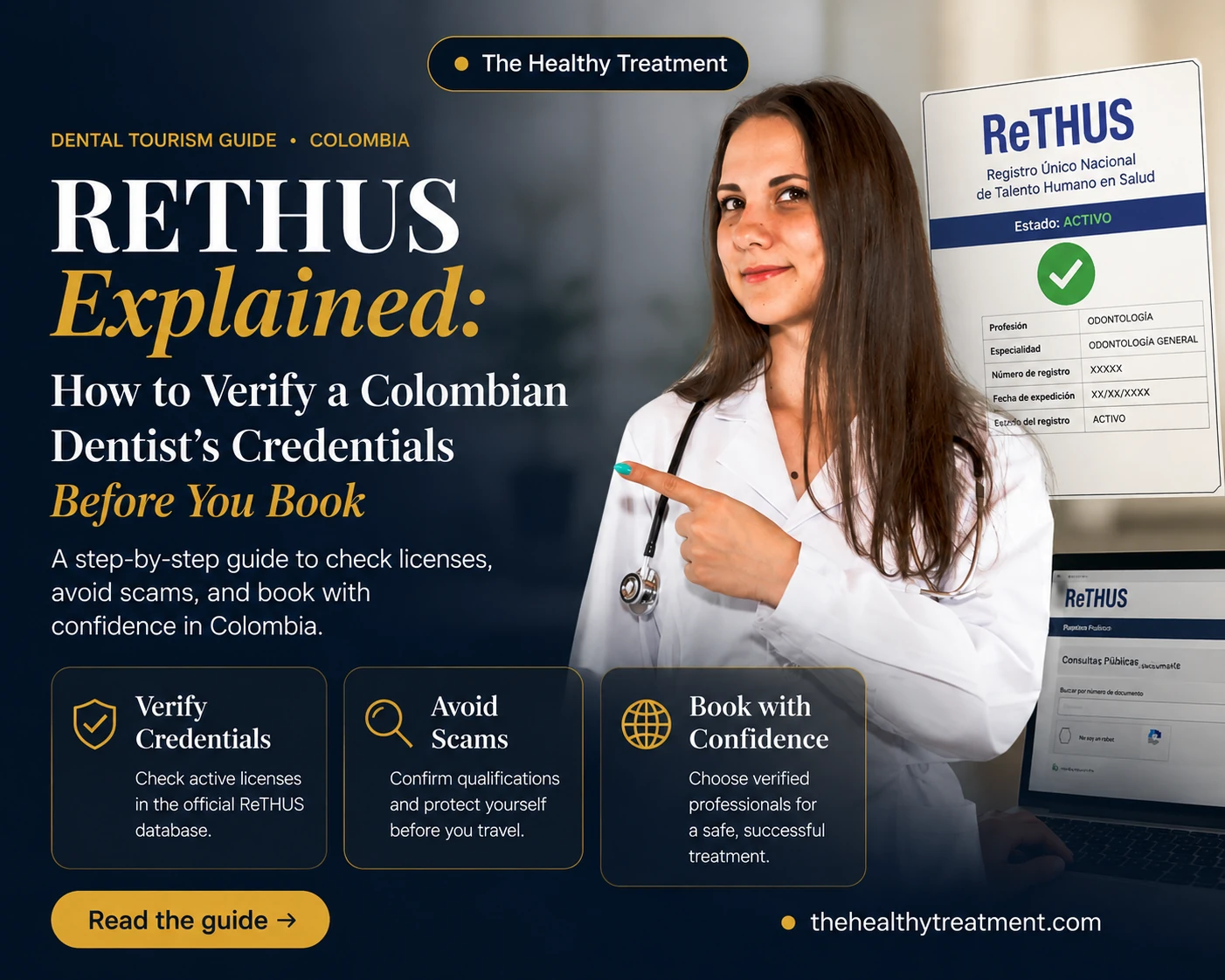 Dentist in a white coat pointing to a ReTHUS registry record showing an active odontología license, next to a laptop open to the ReTHUS public consultation page