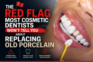 Dentist assessing existing porcelain veneers before replacement, showing enamel preservation during removal